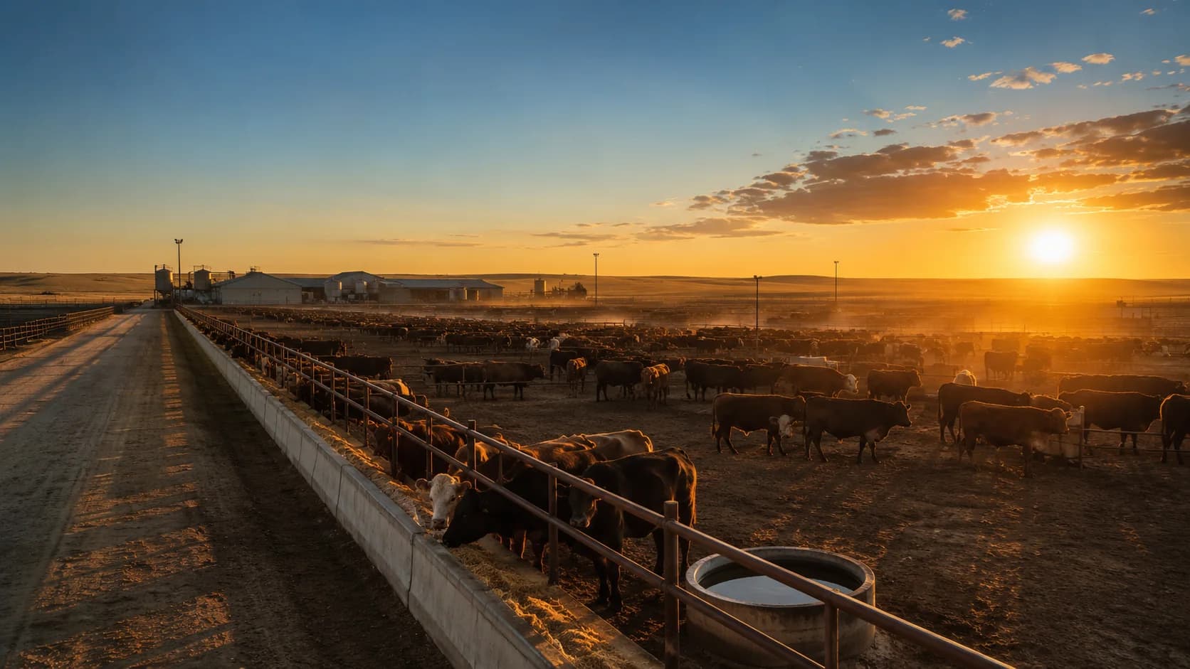 A southern Alberta feedlot at golden hour, pens stretching to the horizon